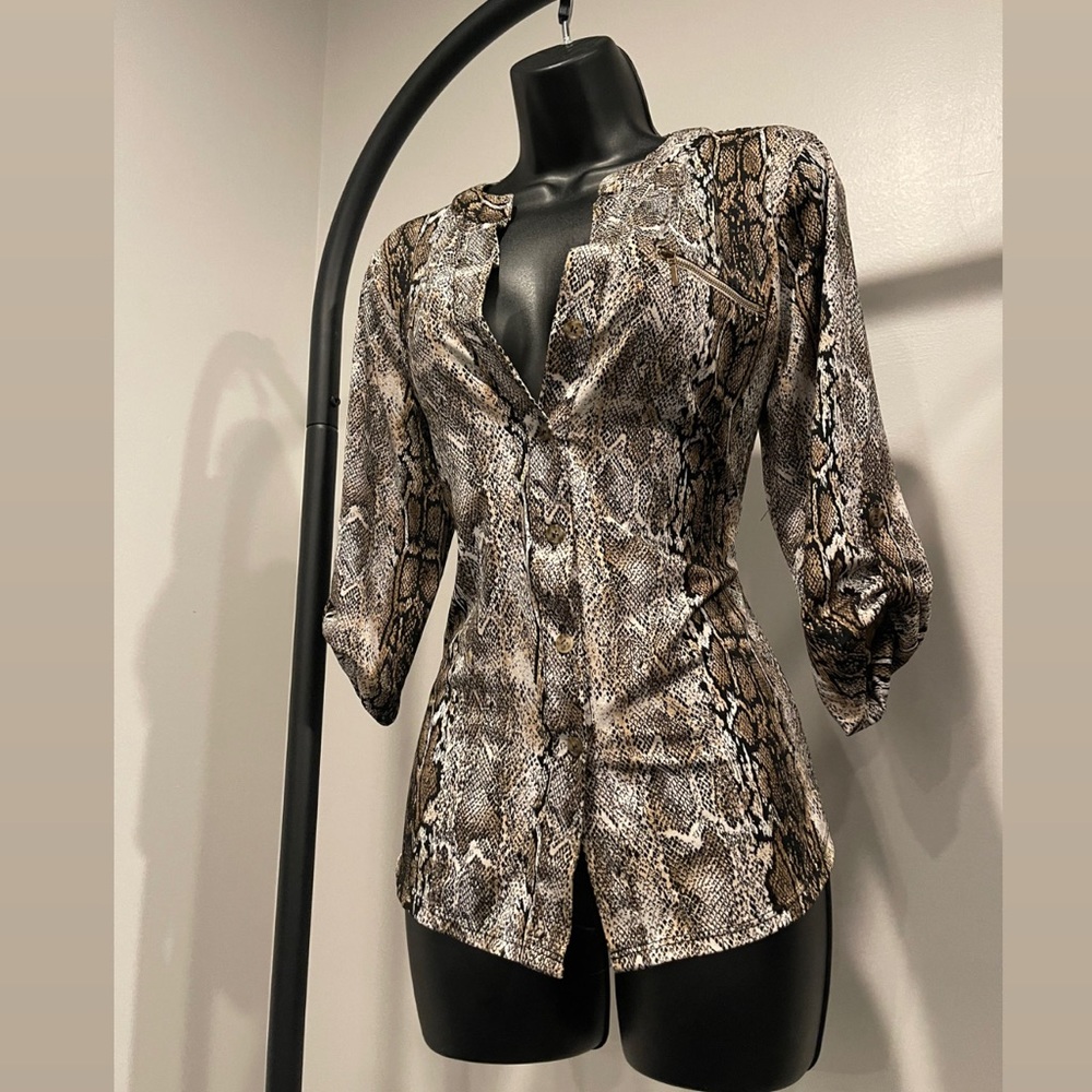 Size S Snake Skin Print Button Down Blouse with Brass Zipper Detailing